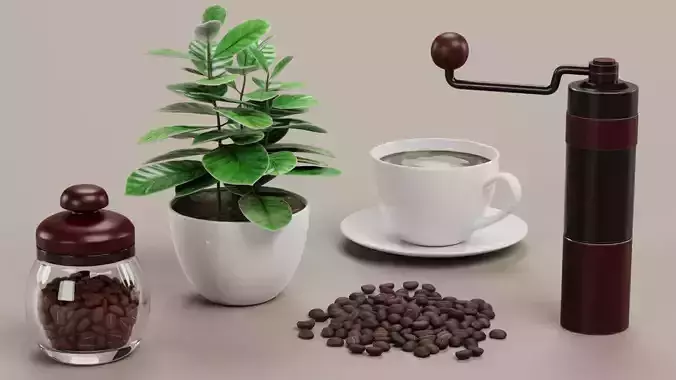 Coffee Set - Manual Grinder Arabica Plant Beans Jar and Cup 3D model 2