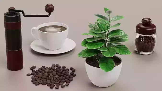 Coffee Set - Manual Grinder Arabica Plant Beans Jar and Cup 3D model 7
