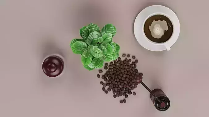 Coffee Set - Manual Grinder Arabica Plant Beans Jar and Cup 3D model 4