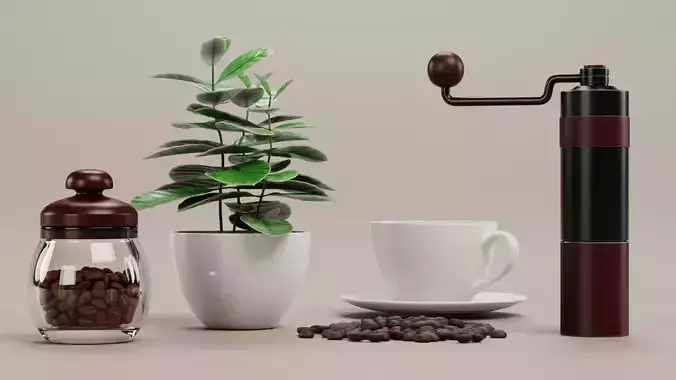 Coffee Set - Manual Grinder Arabica Plant Beans Jar and Cup 3D model 3