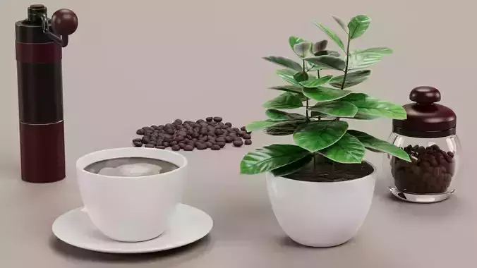Coffee Set - Manual Grinder Arabica Plant Beans Jar and Cup 3D model 6