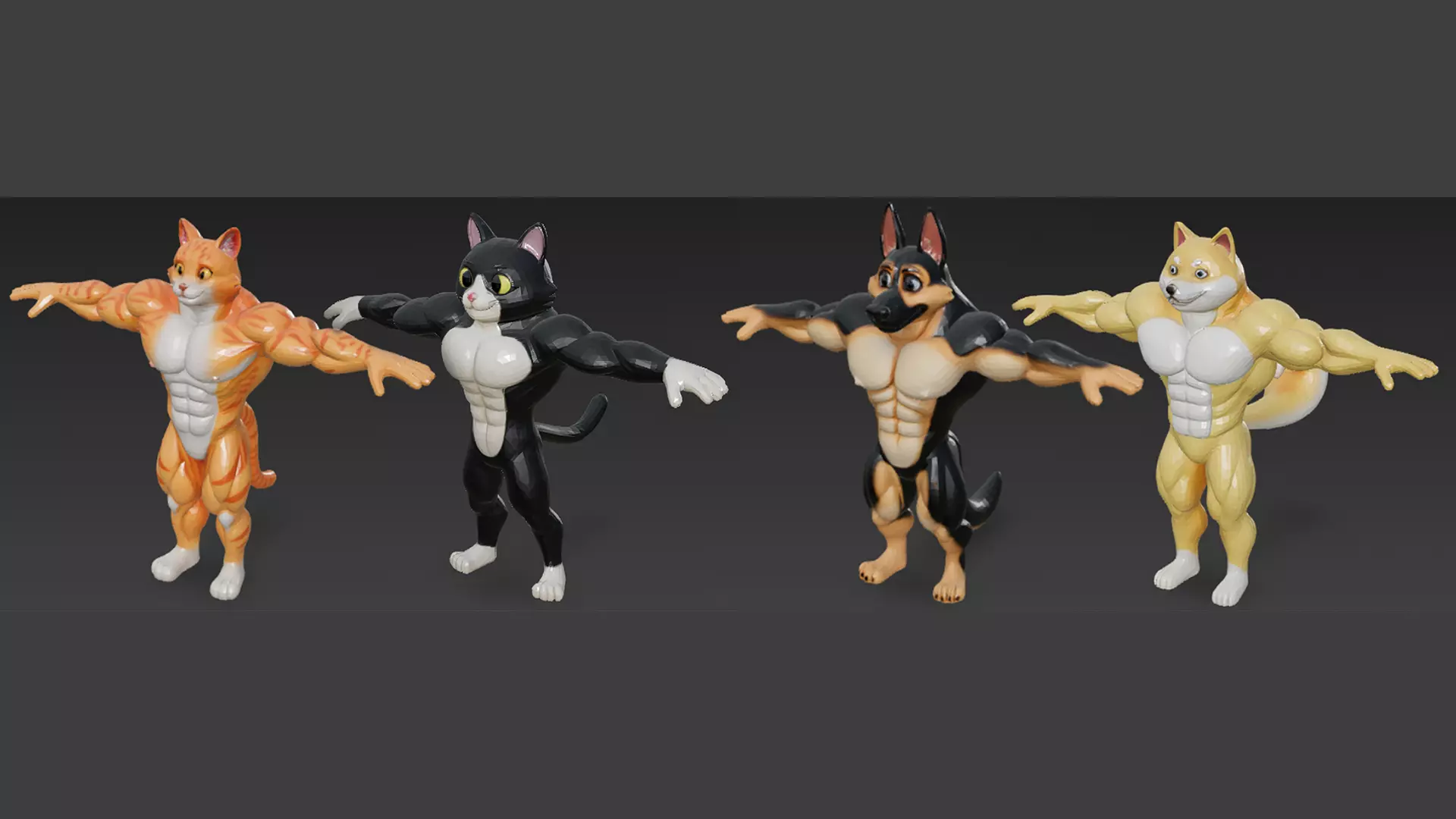 Cartoon Muscular Animals Pack 3D Models Low-poly 3D model_0