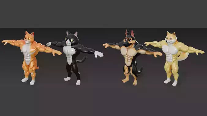 Cartoon Muscular Animals Pack 3D Models