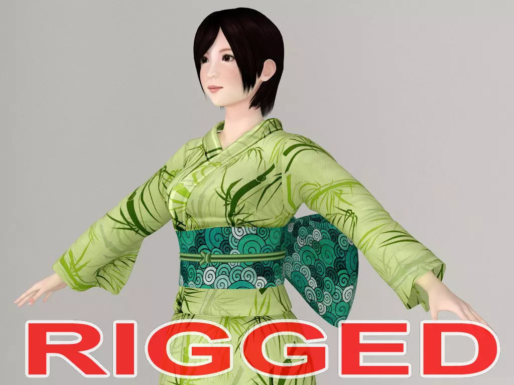 T pose rigged model of Rina in kimono 3D model_0