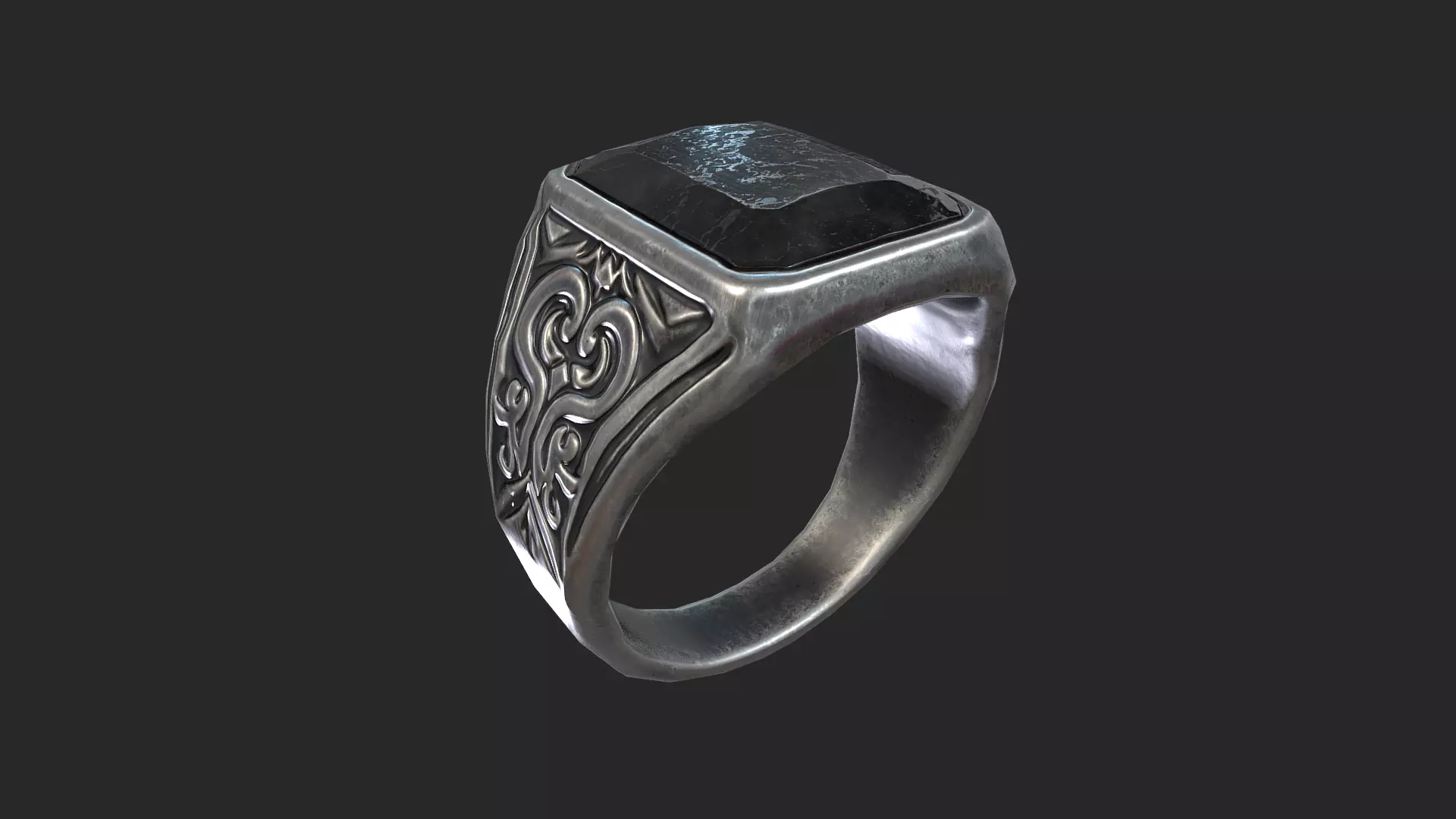 Gothic Silver Signet Ring Game Ready 3D Model Low-poly 3D model_5