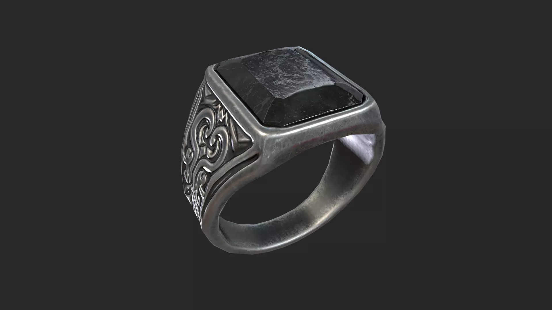 Gothic Silver Signet Ring Game Ready 3D Model Low-poly 3D model_0