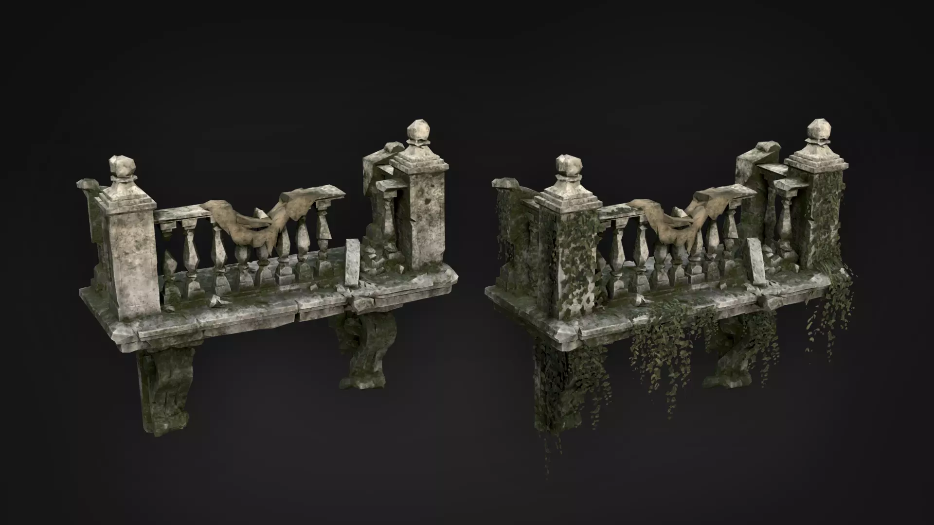 Ruined Balconies - Modular Ruins Pack Low-poly 3D model_9