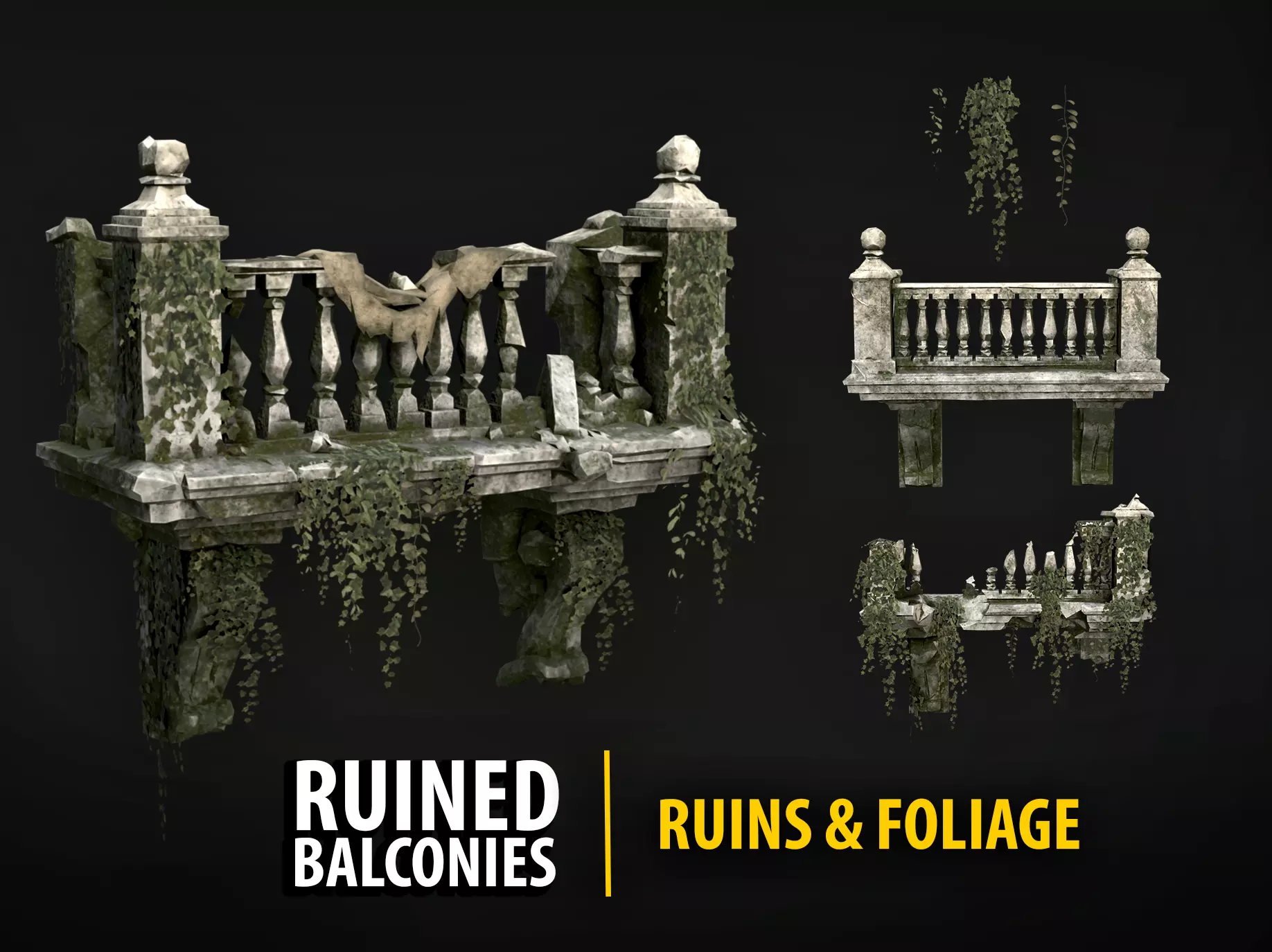 Ruined Balconies - Modular Ruins Pack Low-poly 3D model_0