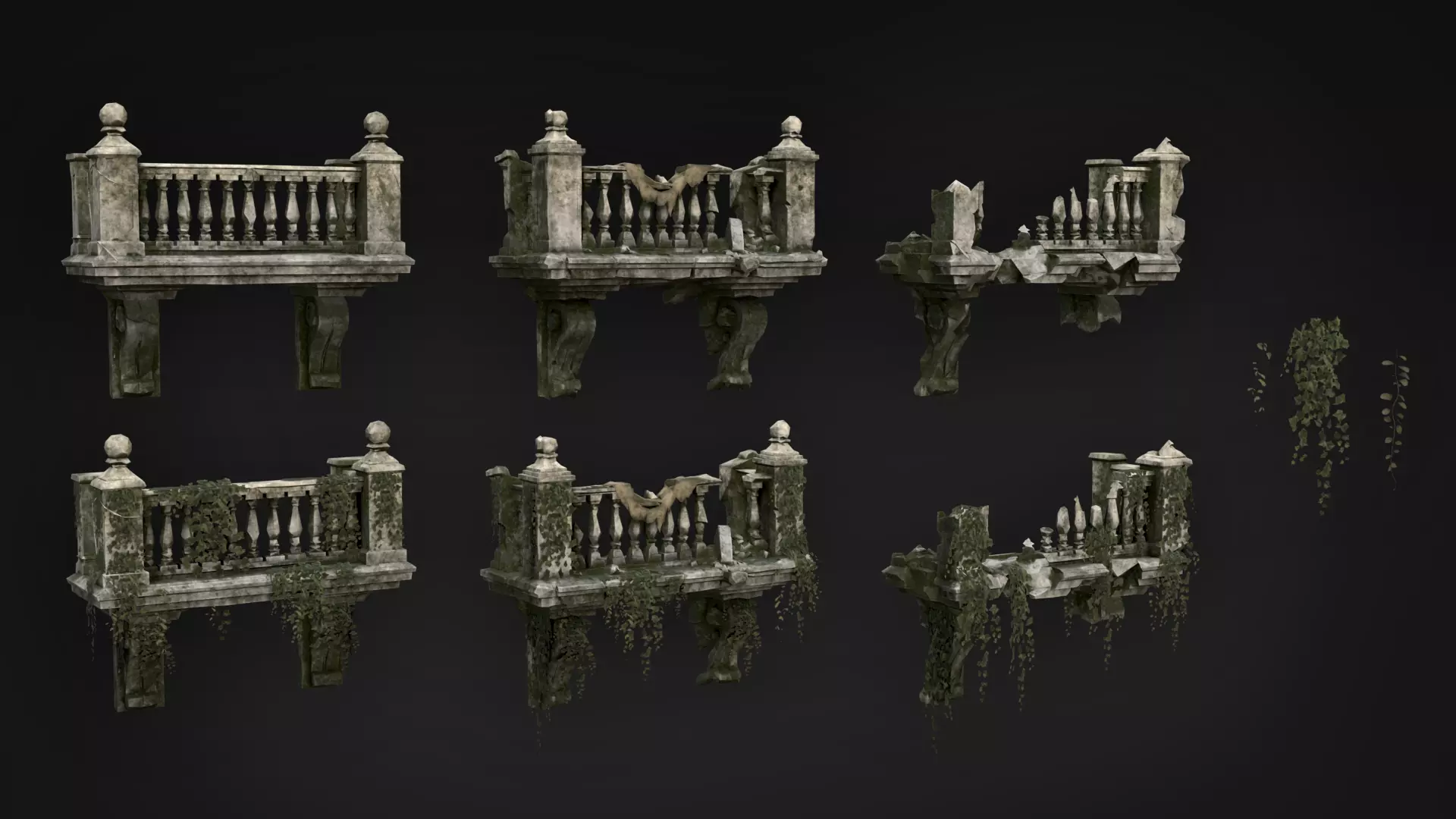 Ruined Balconies - Modular Ruins Pack Low-poly 3D model_1