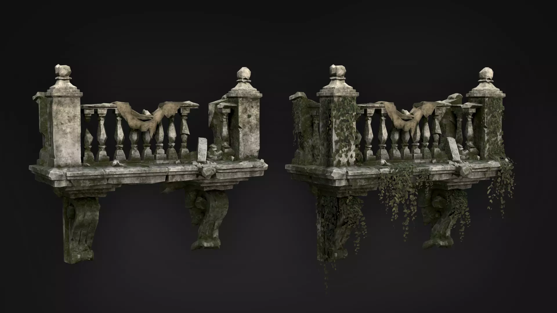 Ruined Balconies - Modular Ruins Pack Low-poly 3D model_3