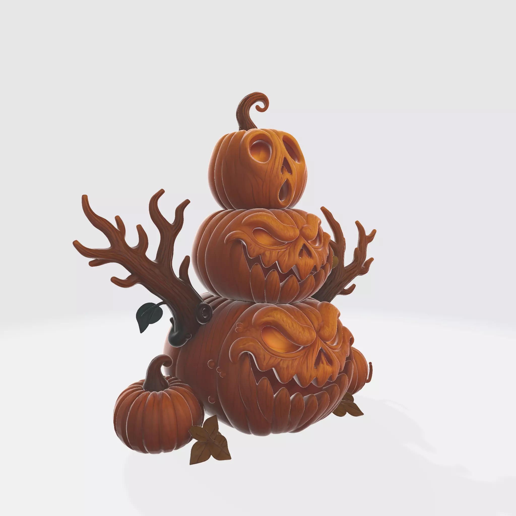 Halloween Stacked Pumpkins with Creepy Faces and Branches 3D print model_4