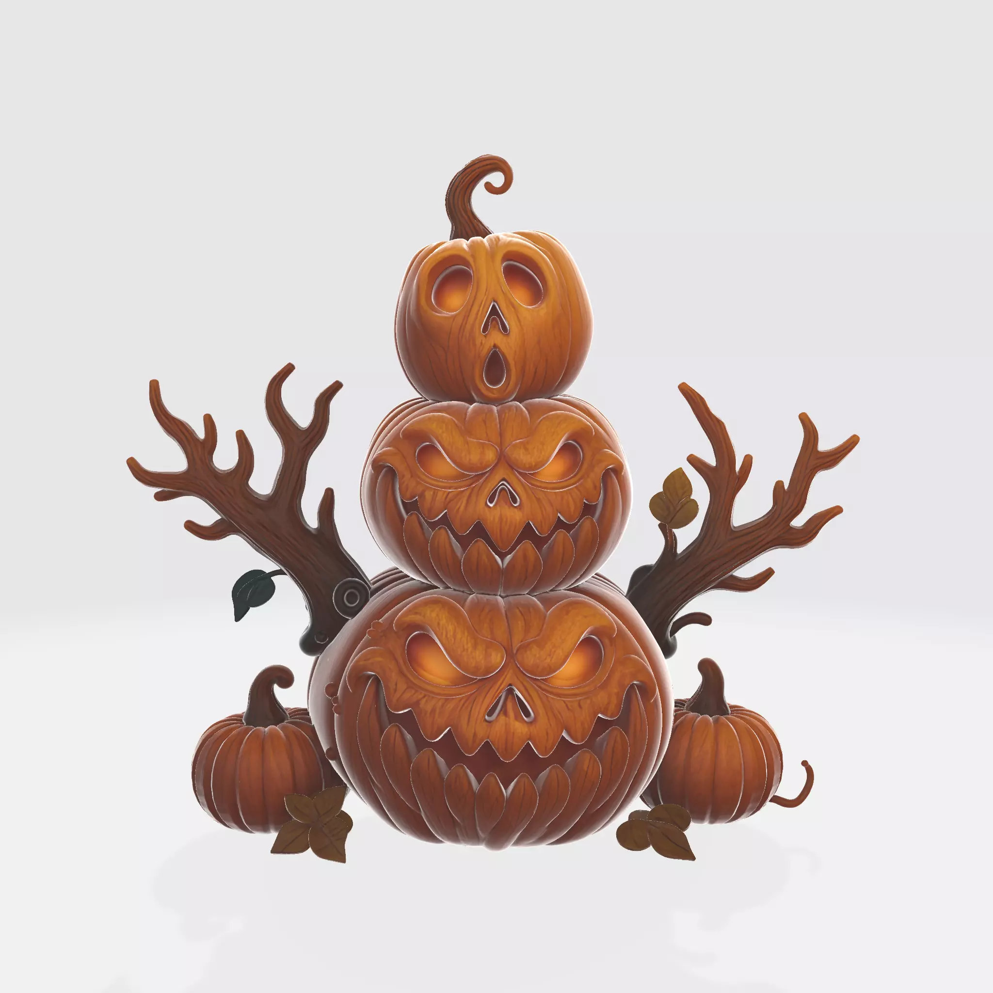 Halloween Stacked Pumpkins with Creepy Faces and Branches 3D print model_1