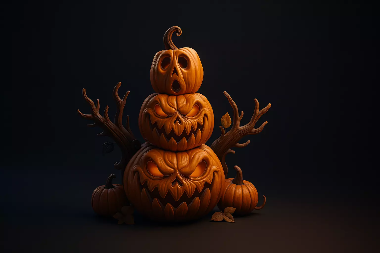 Halloween Stacked Pumpkins with Creepy Faces and Branches 3D print model_0