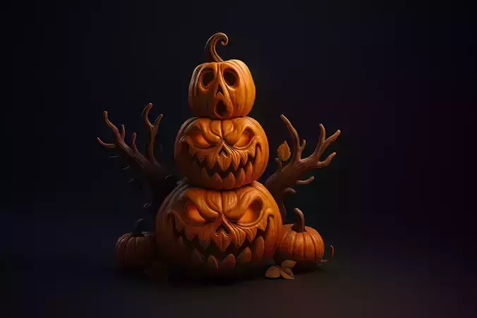 Halloween Stacked Pumpkins with Creepy Faces and Branches