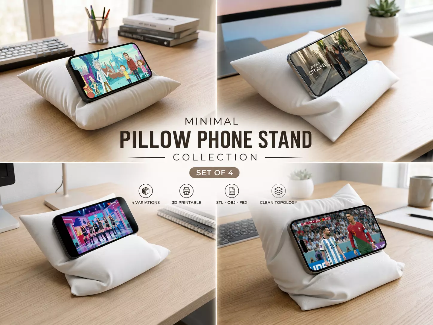 Minimal Pillow Phone Stand - Set of 4 3D print model