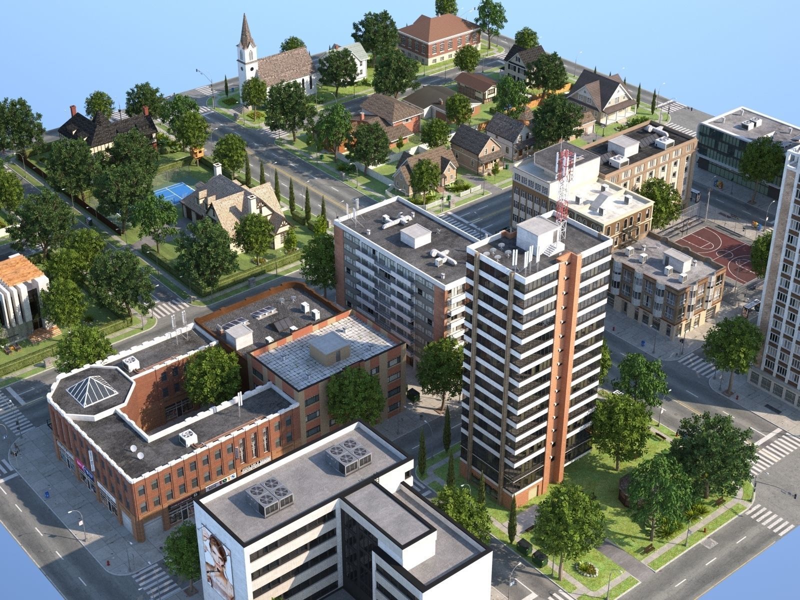 Town with suburb Low-poly 3D model_29