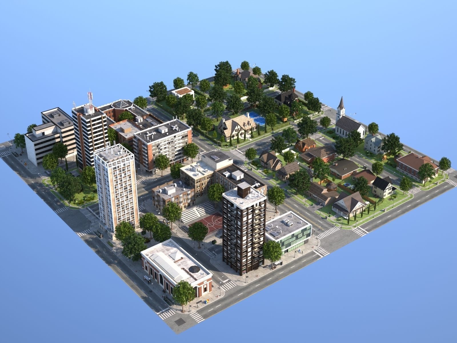 Town with suburb Low-poly 3D model_1