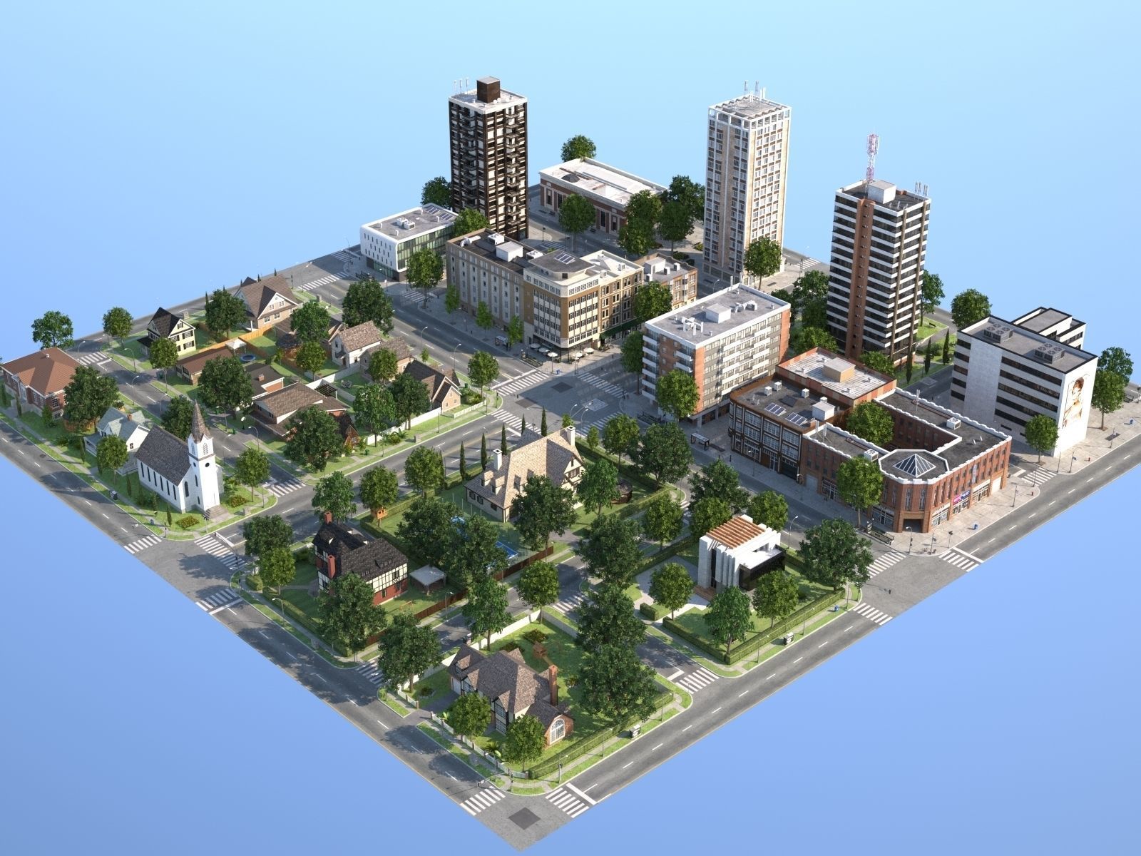 Town with suburb Low-poly 3D model_28