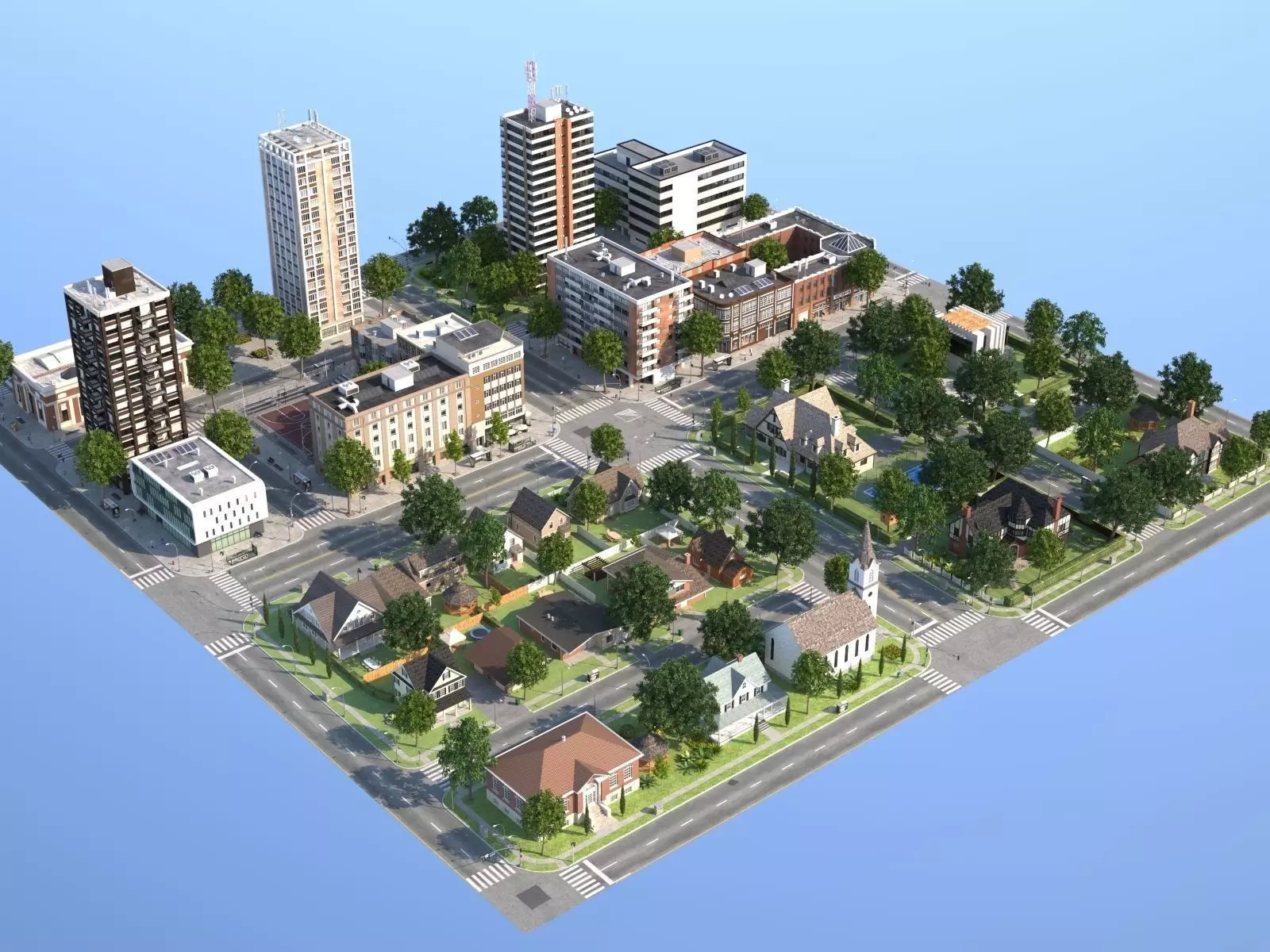Town with suburb Low-poly 3D model_0