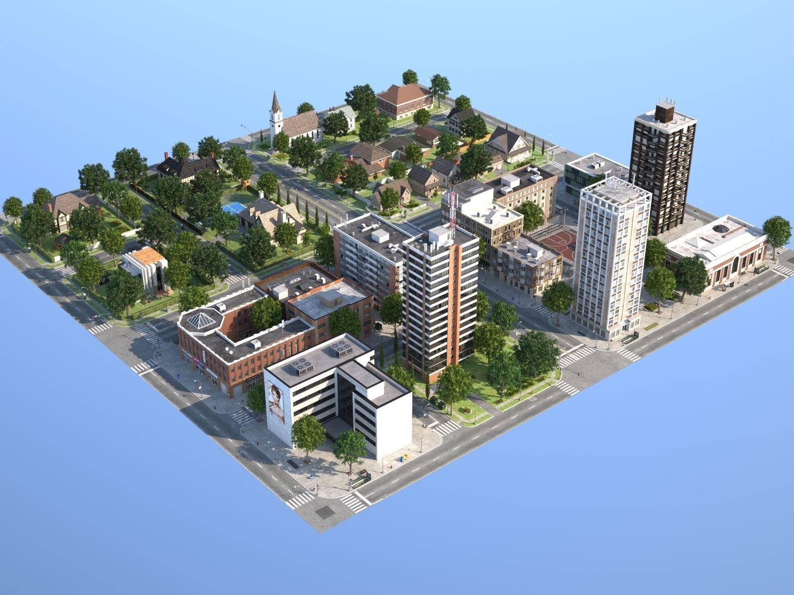 Town with suburb Low-poly 3D model_21