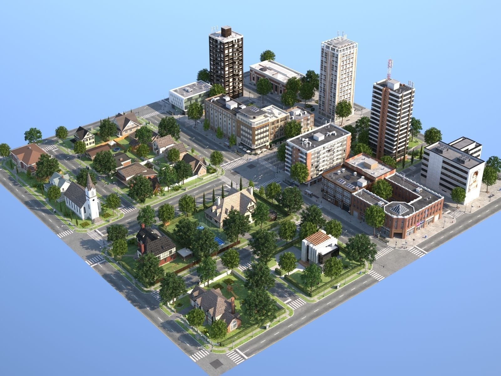 Town with suburb Low-poly 3D model_22