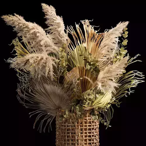 Bouquets of dried flowers with palm leaves in a basket 3D model