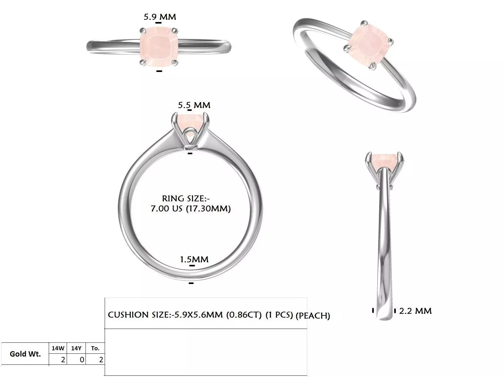 4 Prong Cushion Cut Solitaire Wedding Ring ALL SIZES STL Video 3D print model_15