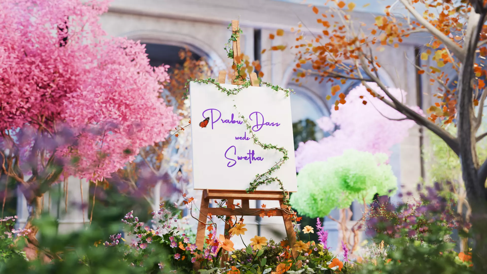 3D Floral Welcome Board in Garden Environment 3D model_3