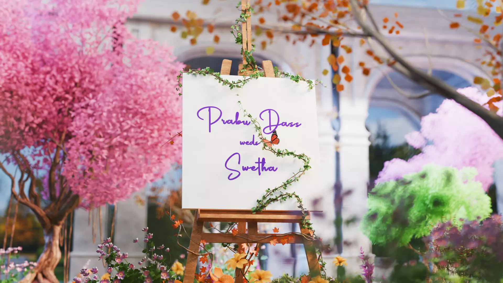 3D Floral Welcome Board in Garden Environment 3D model_2