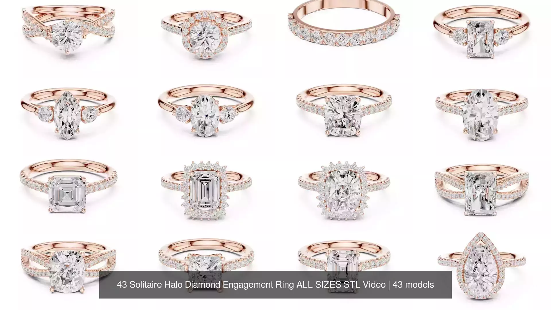 43 Solitaire Halo Diamond Engagement Ring ALL SIZES STL Video 3D Model Collection_0