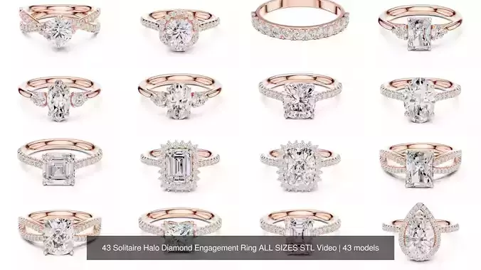 43 Solitaire Halo Diamond Engagement Ring ALL SIZES STL Video