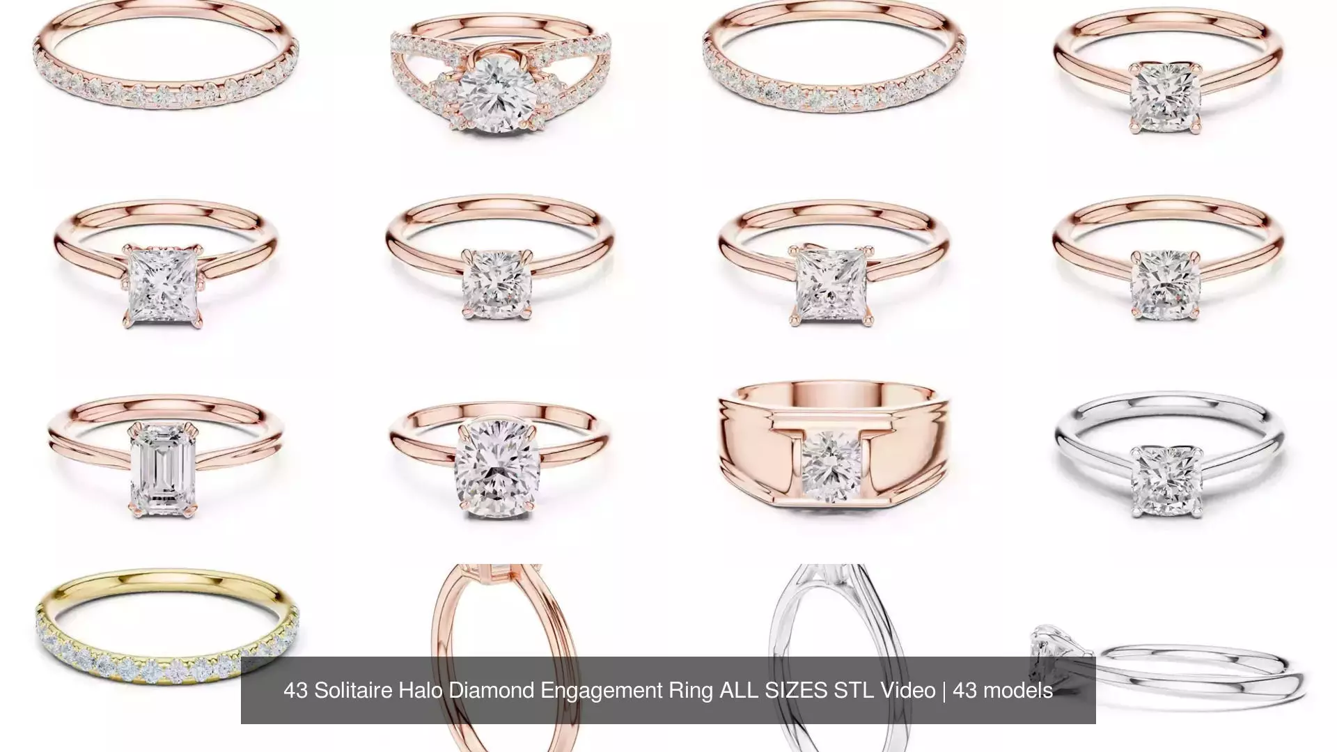 43 Solitaire Halo Diamond Engagement Ring ALL SIZES STL Video 3D Model Collection_4