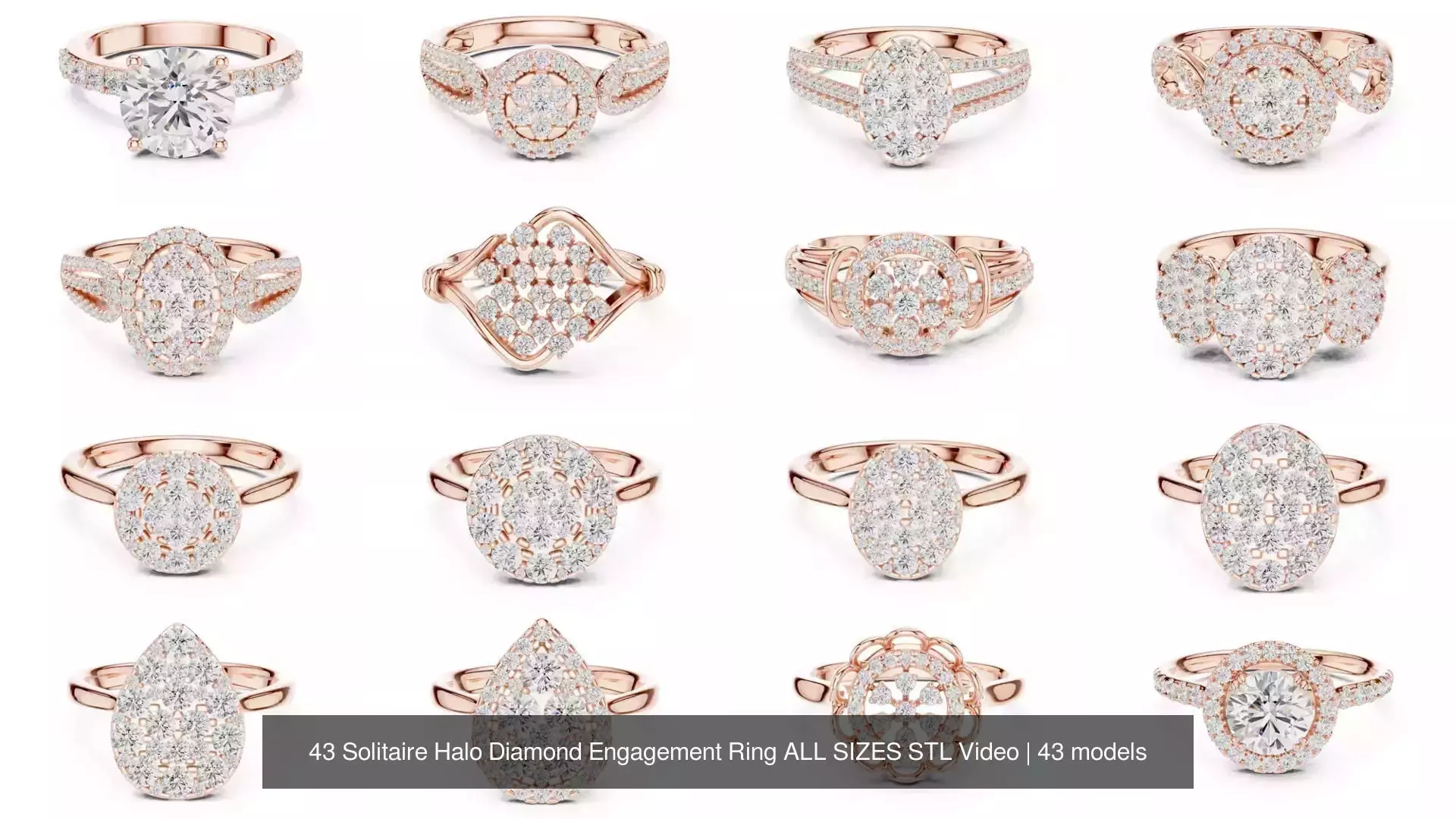 43 Solitaire Halo Diamond Engagement Ring ALL SIZES STL Video 3D Model Collection_2