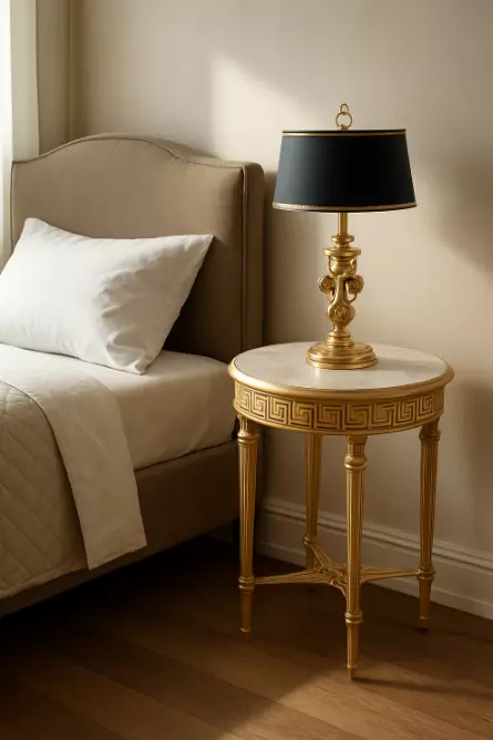 Classical Marble-Top Bedside Table with Ornate Lamp 3D model_0