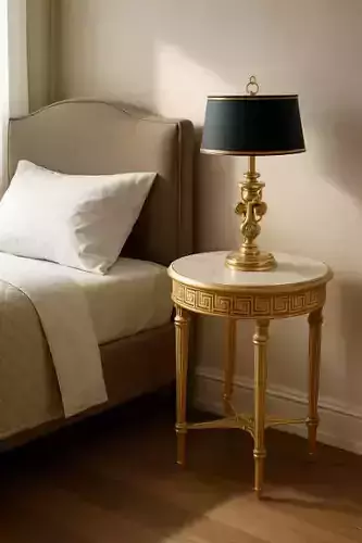 Classical Marble-Top Bedside Table with Ornate Lamp