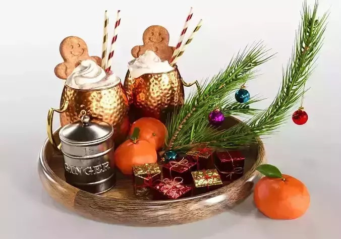 Drinks on a tray with gingerbread 3D model