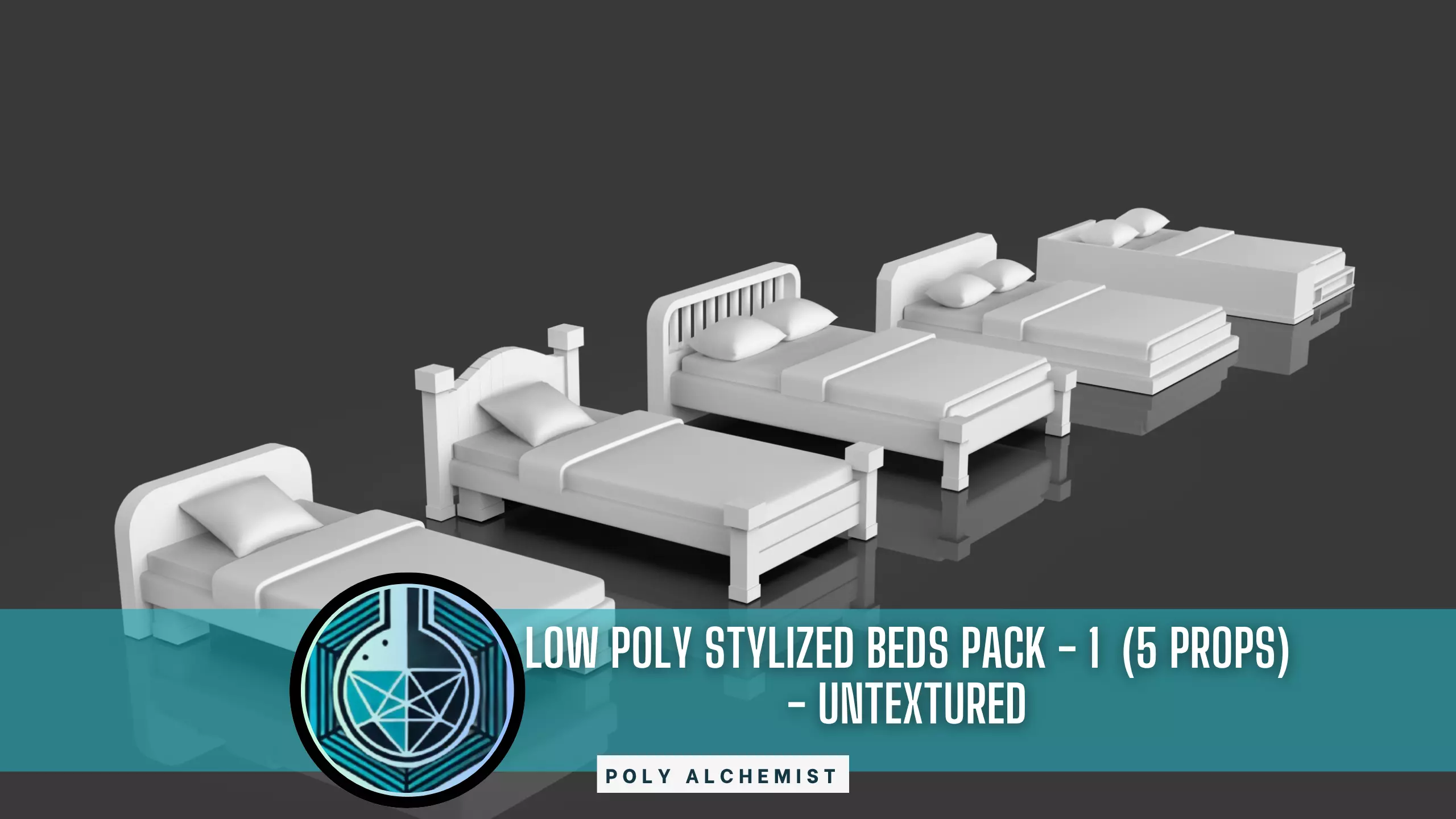 Low Poly Stylized Bed Pack - 1 - Untextured - 5 Props Low-poly 3D model