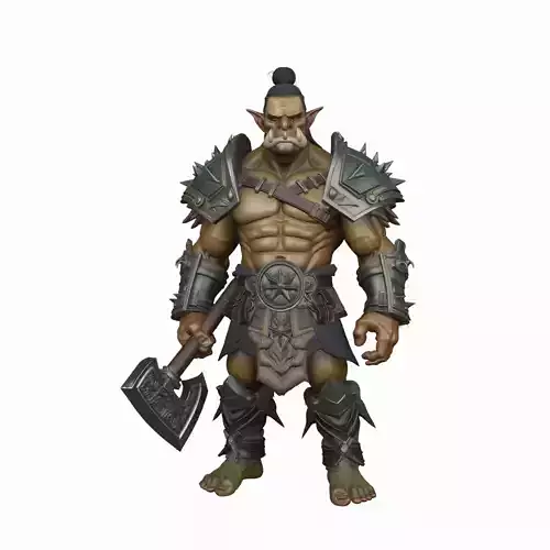 Epic Muscular Green Orc Warrior in Spiked Armor Axe