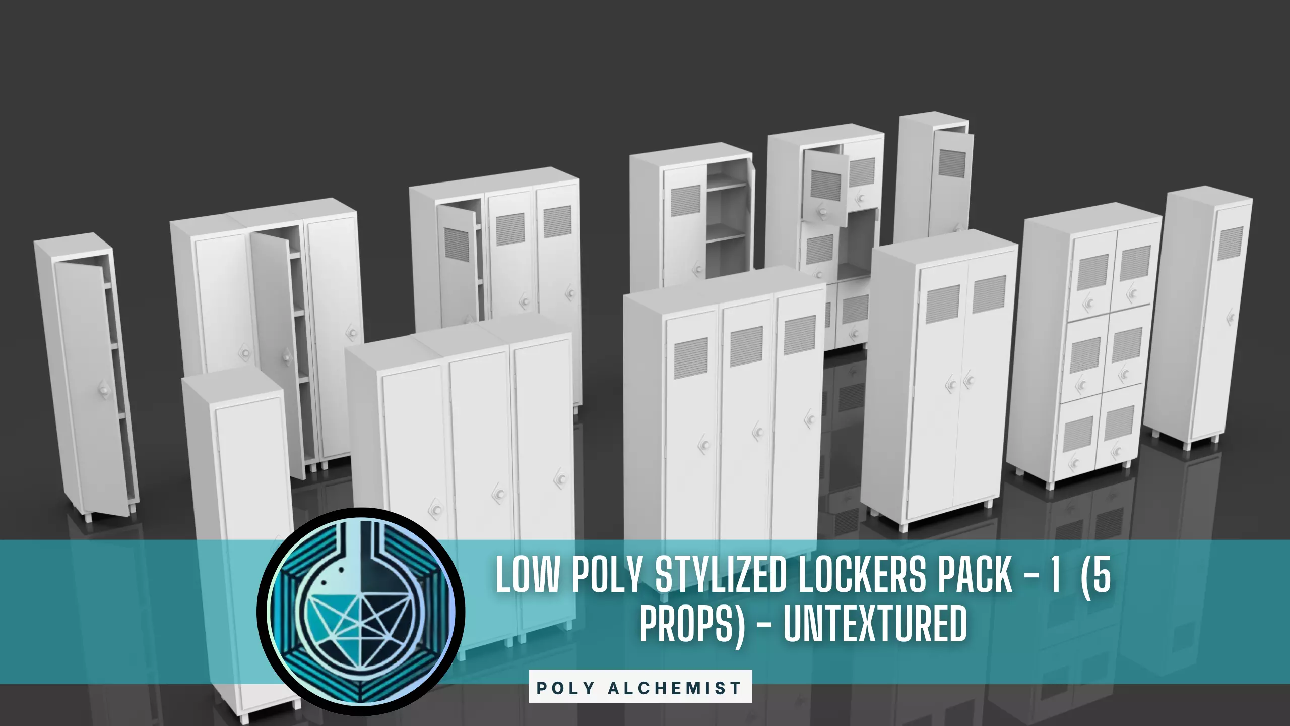 Low Poly Stylized Lockers Pack - 1 - Untextured  - 5 Props  Low-poly 3D model_0