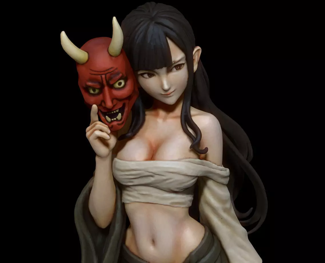 Oni Mask Girl Sarashi Wrapped Yokai Maiden with Oni Mask 3D print model_6