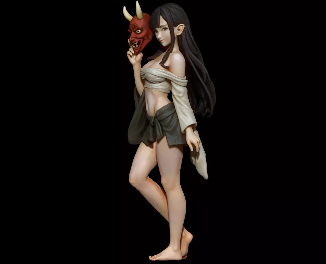 Oni Mask Girl Sarashi Wrapped Yokai Maiden with Oni Mask 3D print model_2