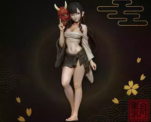 Oni Mask Girl Sarashi Wrapped Yokai Maiden with Oni Mask