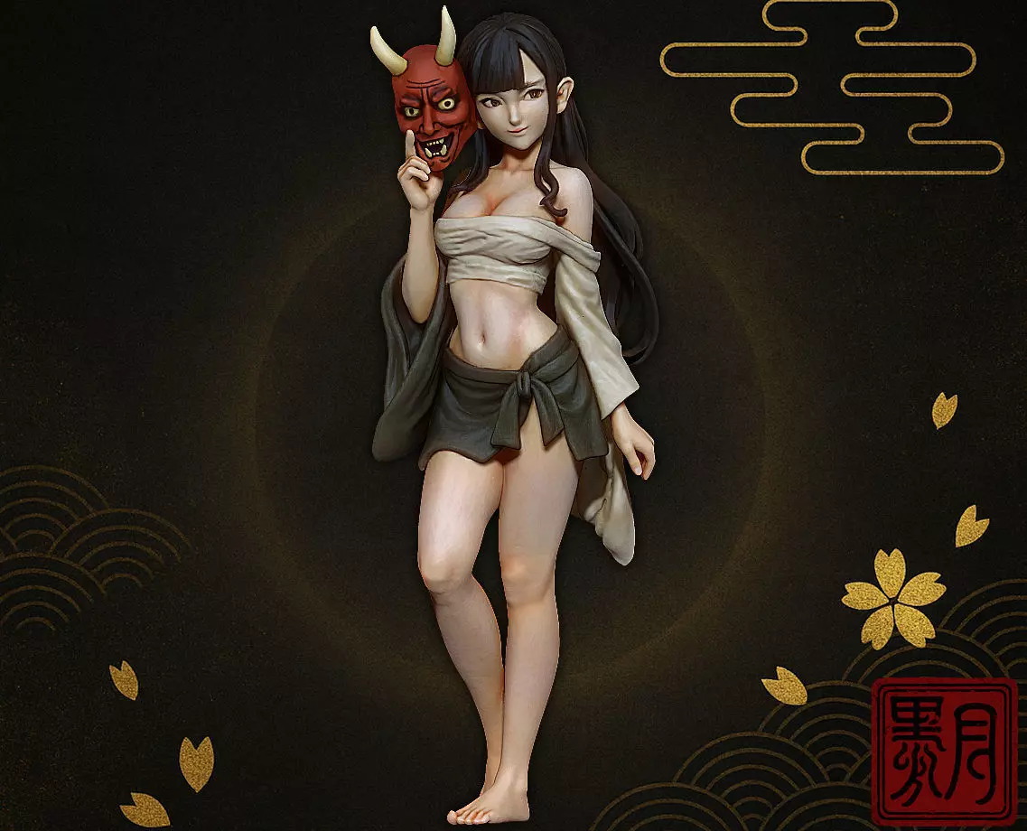 Oni Mask Girl Sarashi Wrapped Yokai Maiden with Oni Mask 3D print model_0