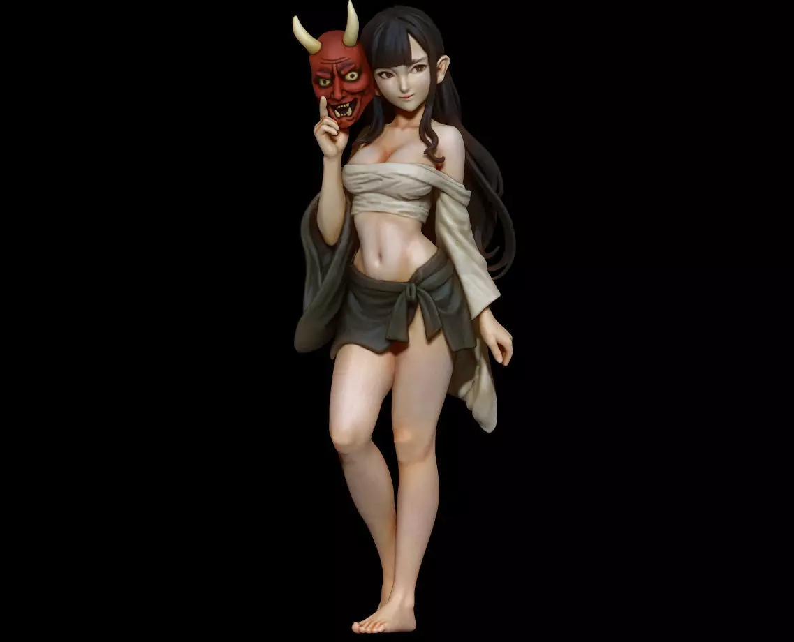 Oni Mask Girl Sarashi Wrapped Yokai Maiden with Oni Mask 3D print model_1