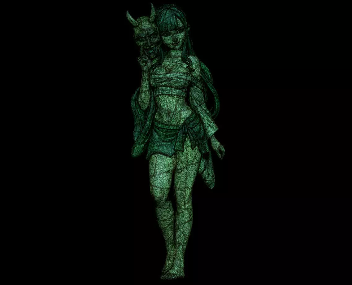 Oni Mask Girl Sarashi Wrapped Yokai Maiden with Oni Mask 3D print model_7