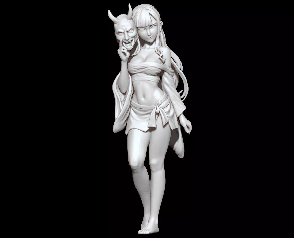 Oni Mask Girl Sarashi Wrapped Yokai Maiden with Oni Mask 3D print model_8