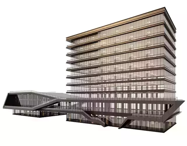 Modern Office Tower with Dynamic Podium and Skybridge