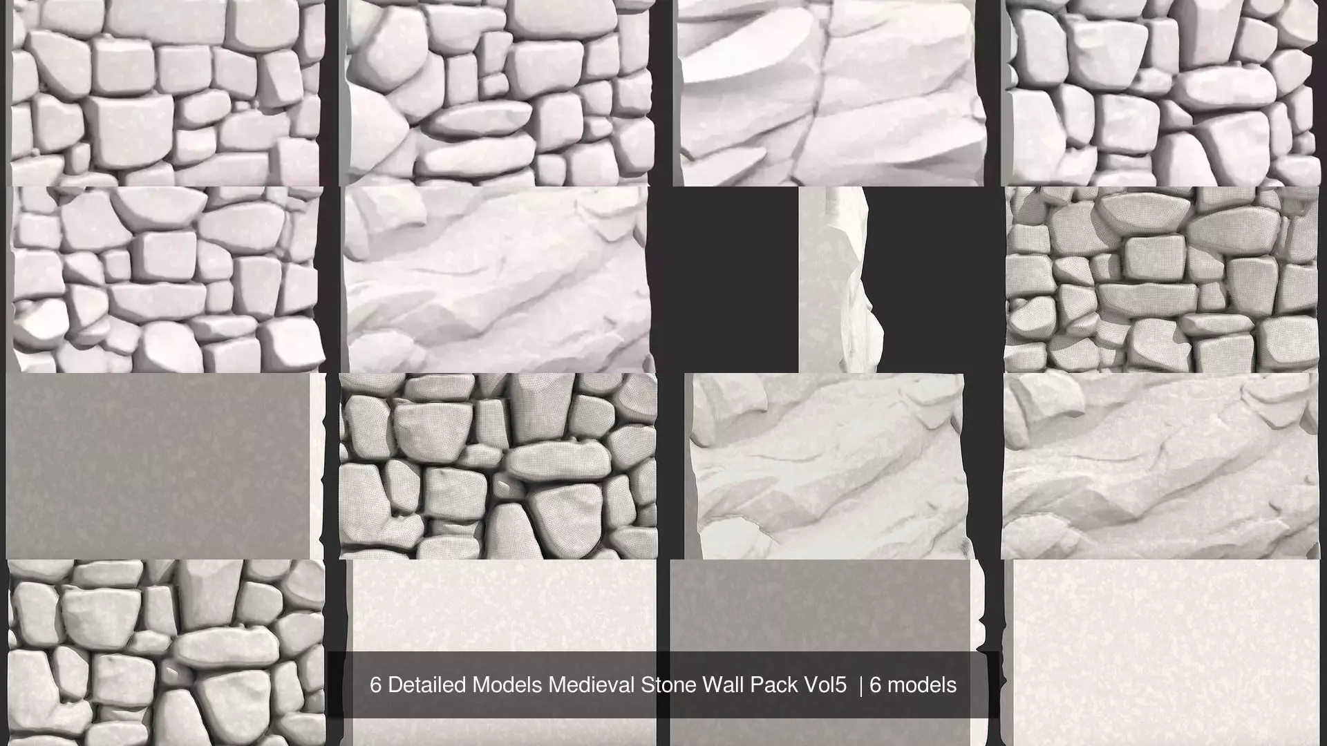 6 Detailed Models Medieval Stone Wall Pack Vol5 3D Model Collection_0
