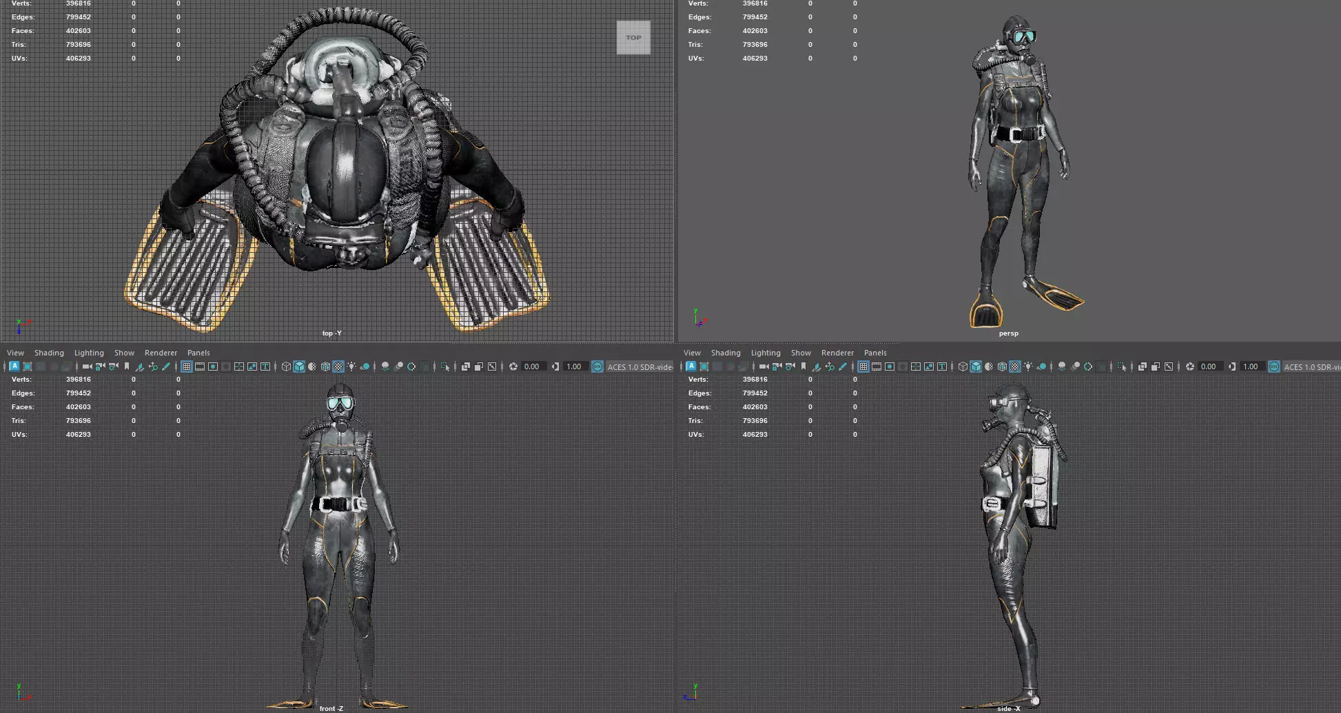 Realistic Female Scuba Diver 3D model_9