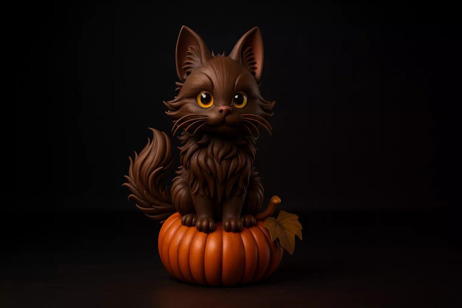 Fluffy Cat Sitting on Pumpkin Halloween and Autumn Decoration 3D print model_0